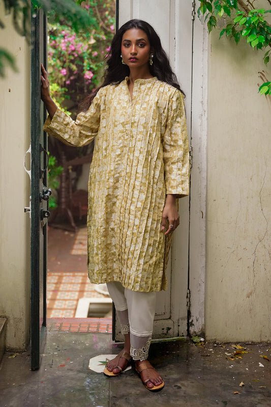 OLIVE PLEATED KURTA