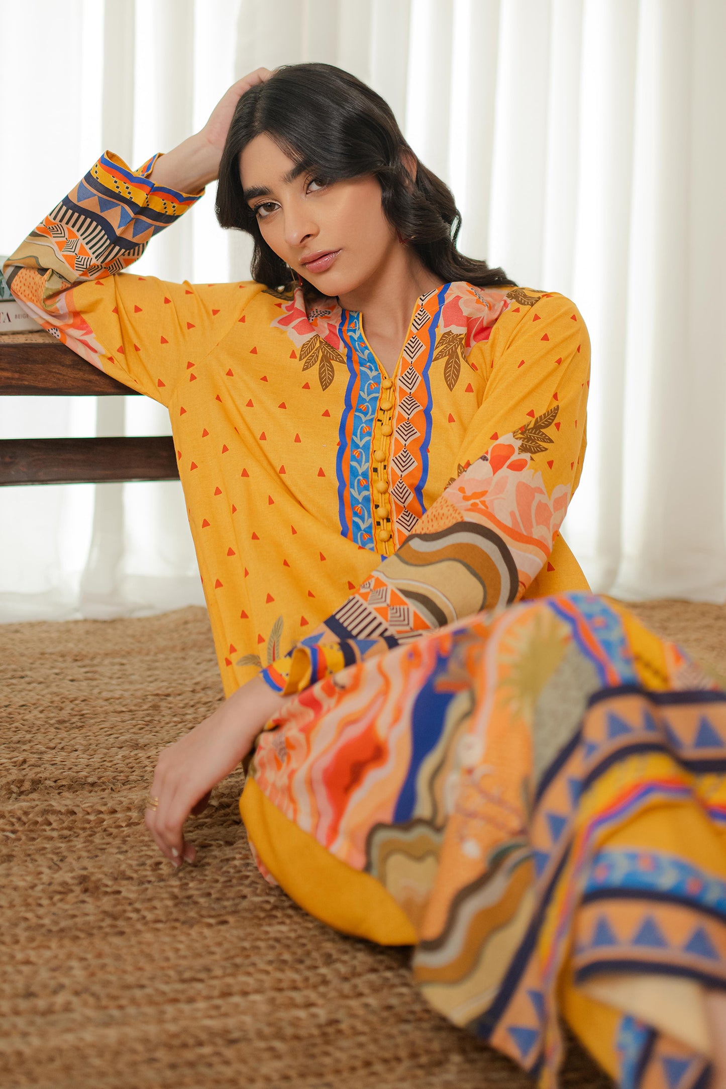 YELLOW PRINTED KURTA-SET