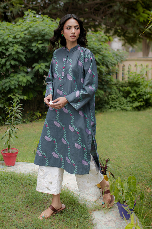 CHARCOAL WOVEN KURTA